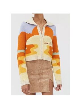 House of Sunny Cream Collar Cropped Cardigan with Yellow, Orange & Blue Sunset